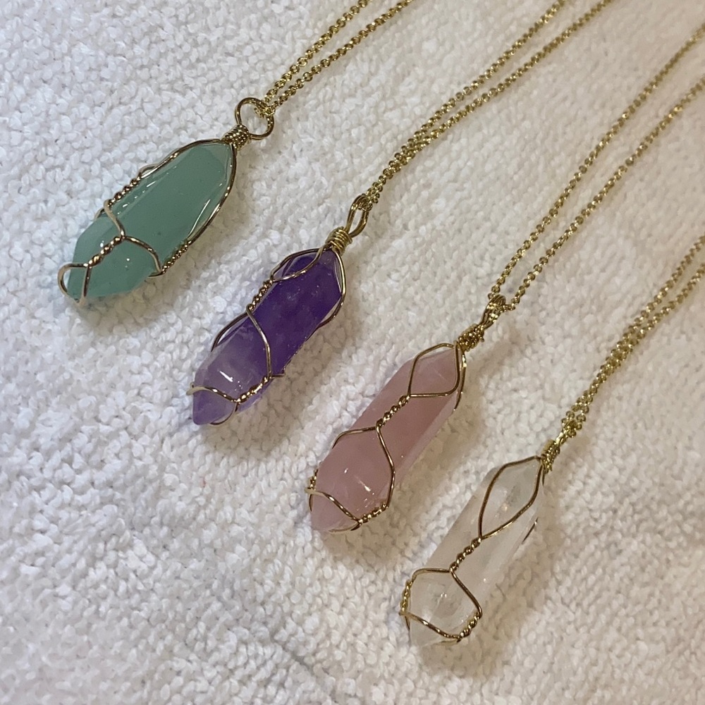 Quartz Amethyst Aventurine Crystal Point Wire Wrapped 14K Gold Necklace